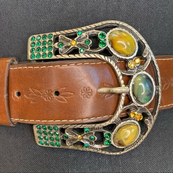 𝅺BUFFALO David Bitton green yellow Rhinestone Gem Embellished brown leather belt - Picture 2 of 9